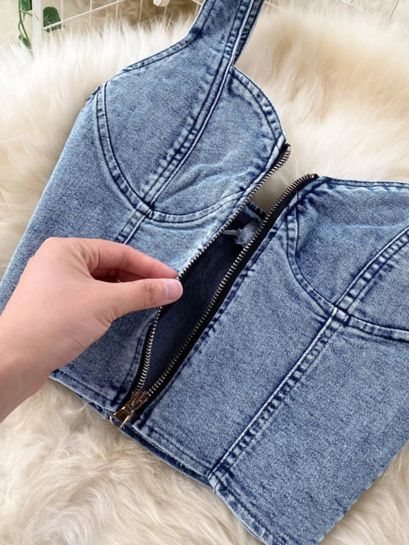 Hazel Blues® |  Zipper Top & Button Slit Skirt Denim Set