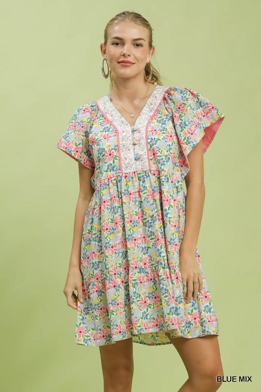 Hazel Blues® |  Umgee Mix Floral Tiered Mini Dress with Side Pockets