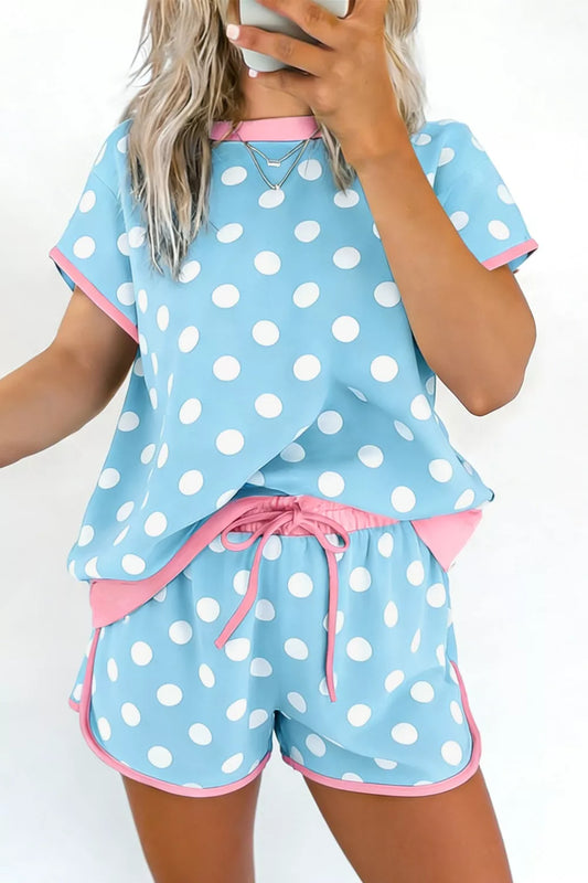Hazel Blues® |  Polka Dot Contrast Trim Top and Drawstring Shorts Set