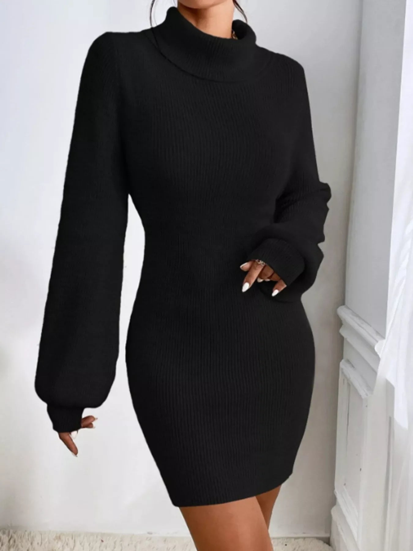 Hazel Blues® |  Turtleneck Ribbed Knit Sweater Dress