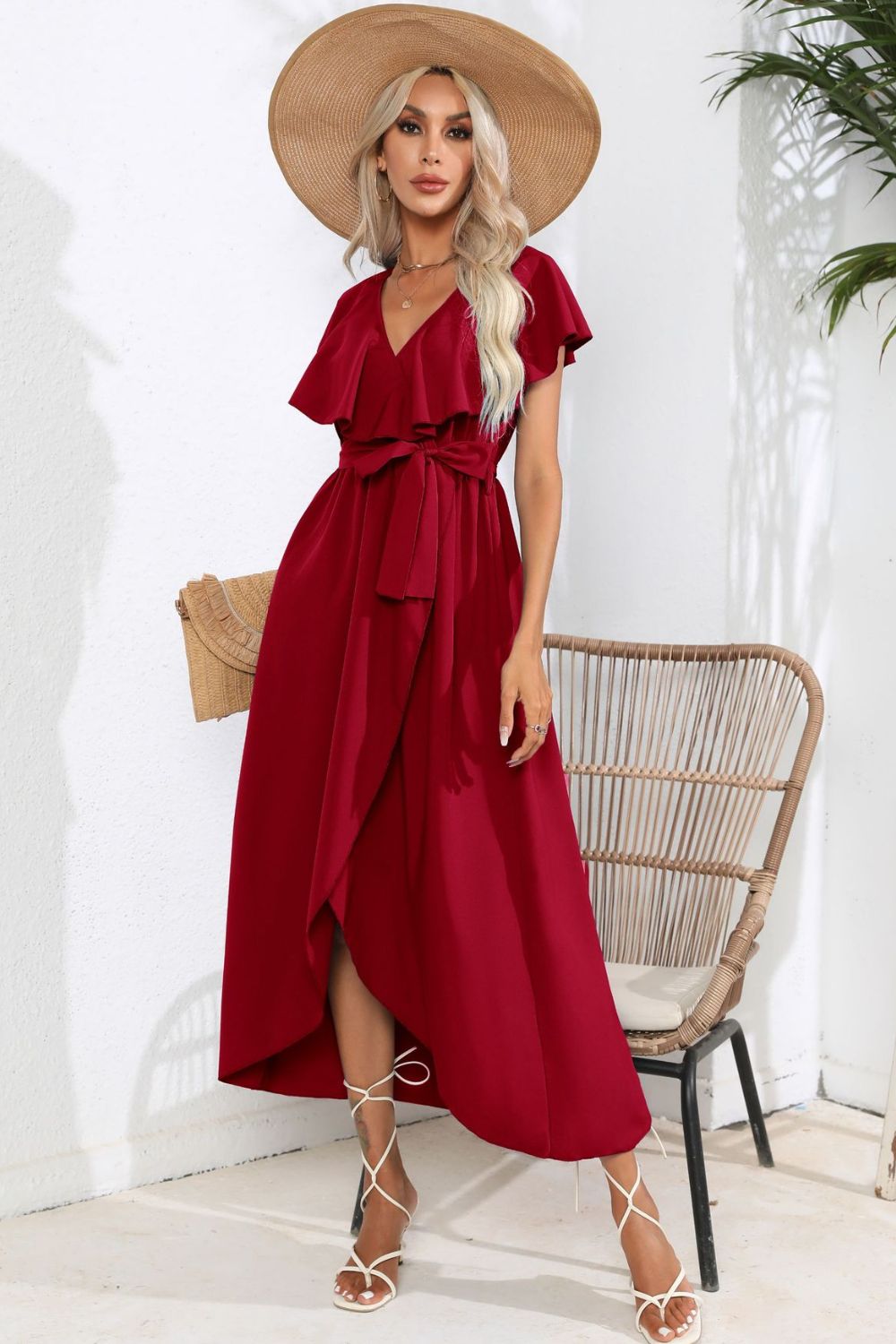 Hazel Blues® |  Tied Front Ruffled Short Sleeve Midi Dress