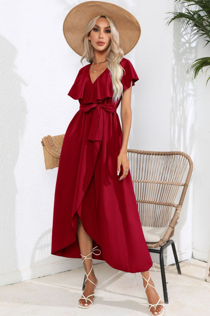 Hazel Blues® |  Tied Front Ruffled Short Sleeve Midi Dress
