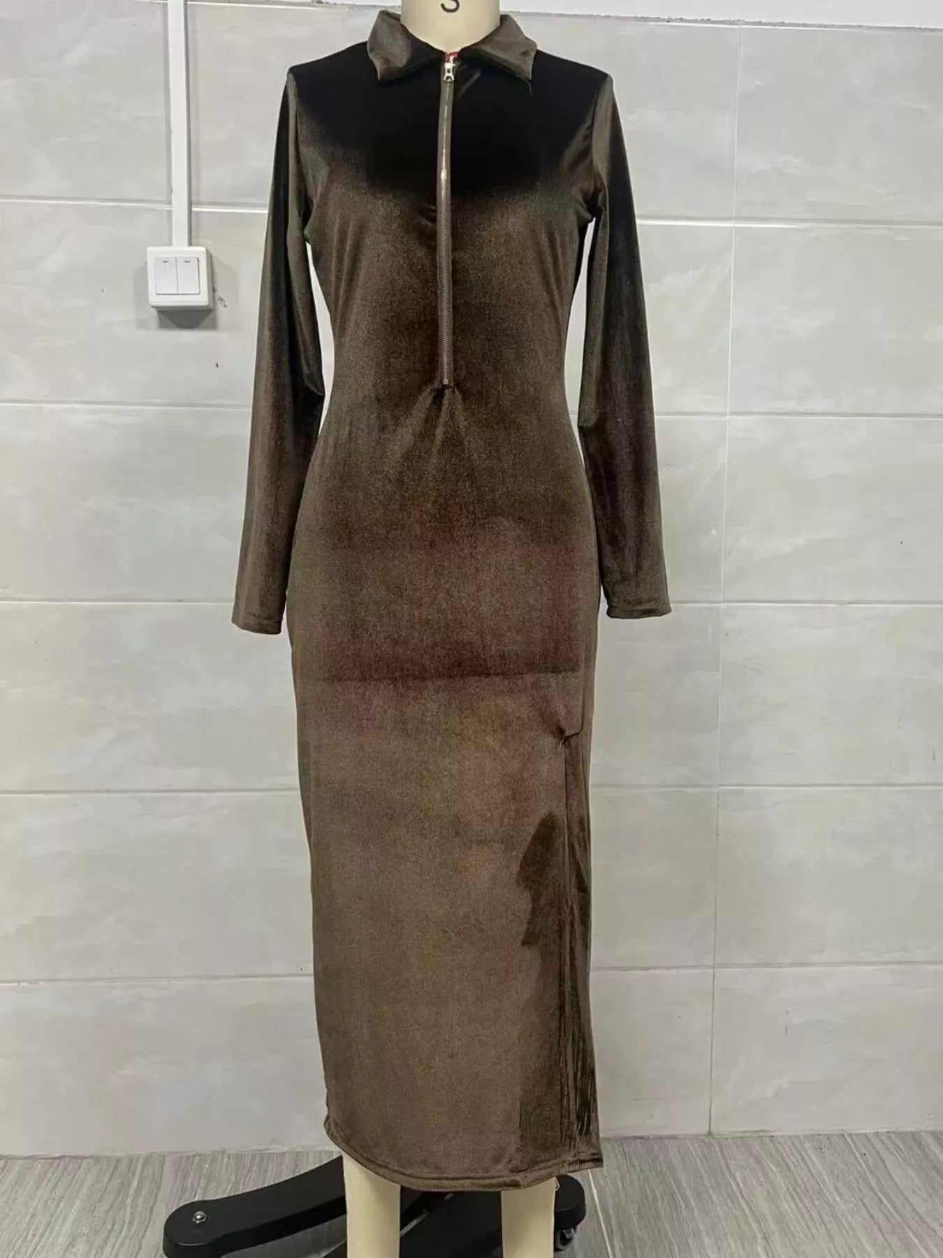 Hazel Blues® |  Velvet Zip-Front Slit Midi Dress