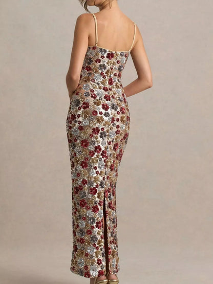 Hazel Blues® |  Slit Floral Sequin Bodycon Maxi Dress