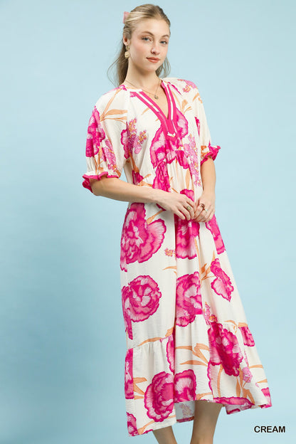 Hazel Blues® |  Umgee Floral Print Midi Dress with Contrast Trim