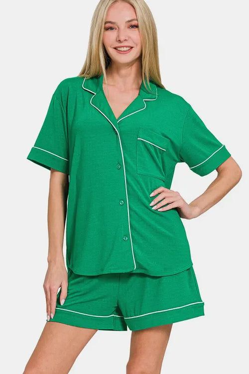 Hazel Blues® |  Zenana Button Down Short Sleeve Top and Shorts Lounge Set