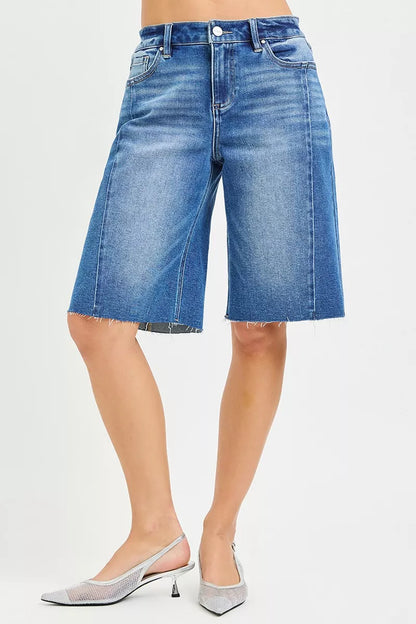 Hazel Blues® |  RISEN Raw Hem Slouchy Seamed Jorts