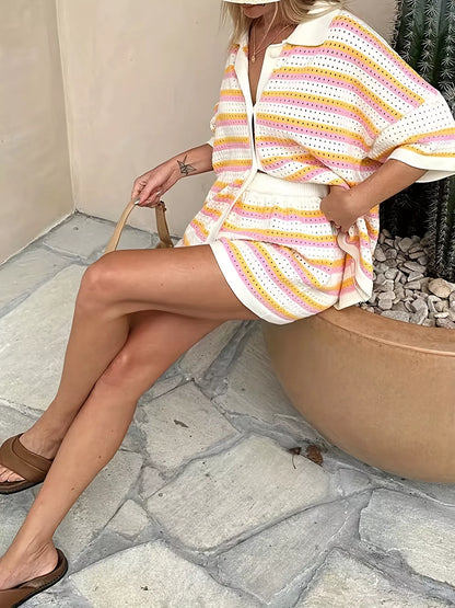 Hazel Blues® |  Openwork Button Up Top and Shorts Set