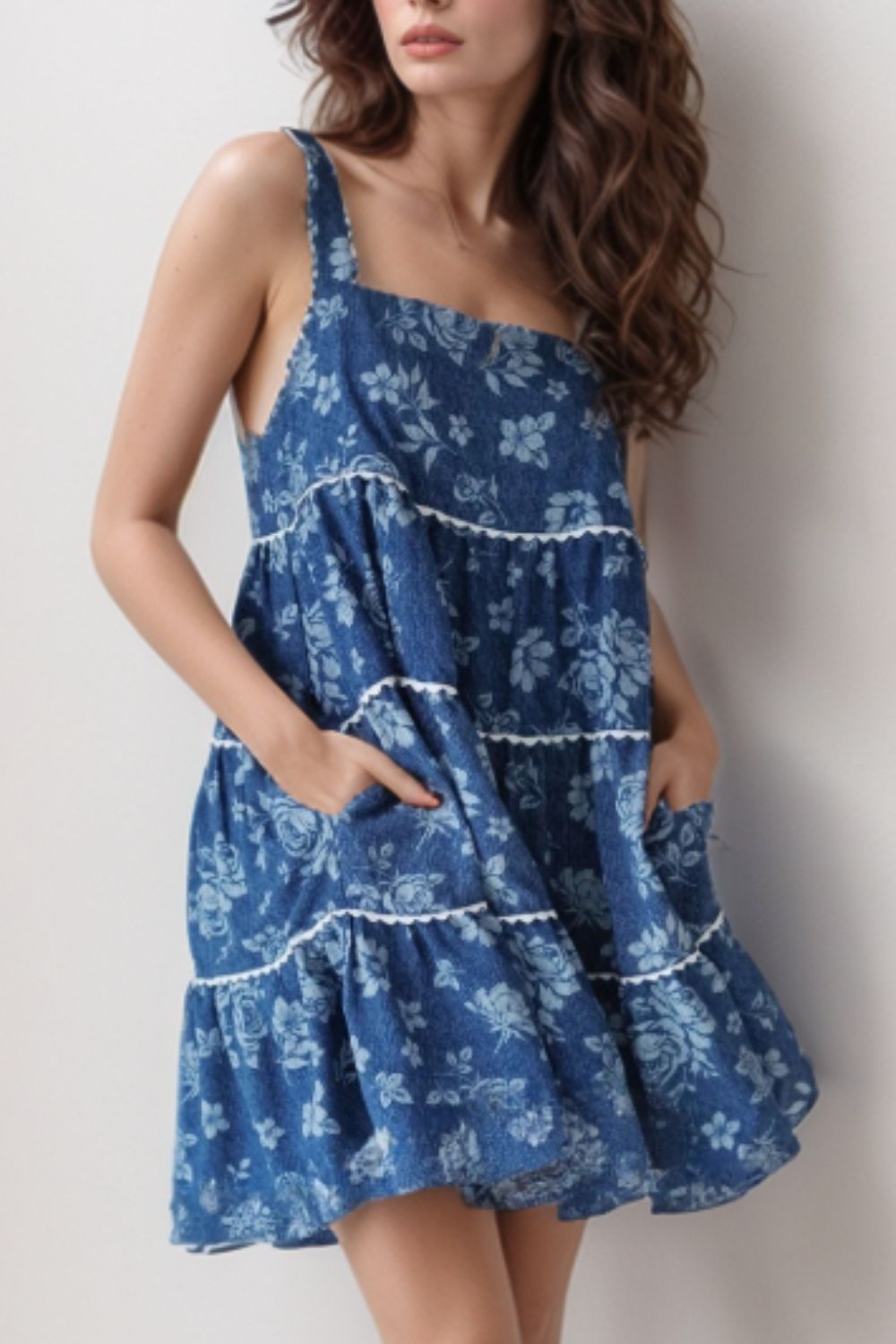 Hazel Blues® |  Floral Tiered Square Neck Denim Dress