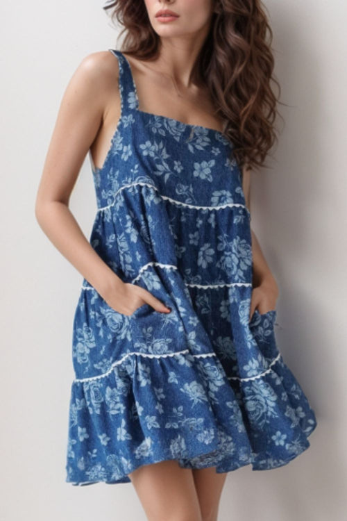 Hazel Blues® |  Floral Tiered Square Neck Denim Dress
