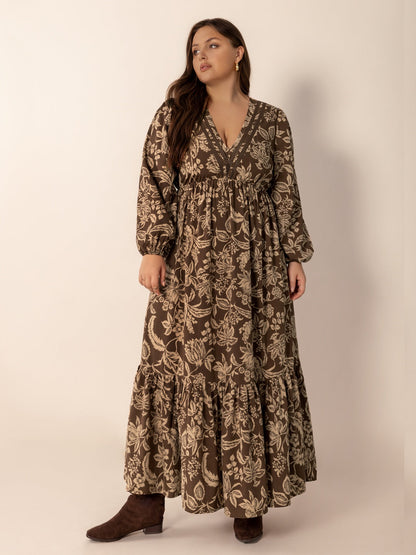 Hazel Blues® | Printed V-Neck Balloon Sleeve Maxi Dress