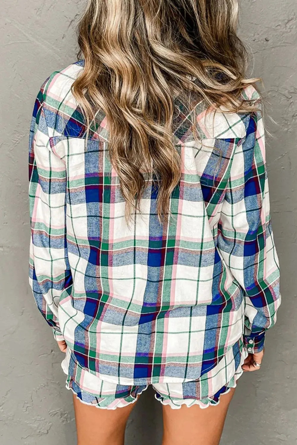 Hazel Blues® |  Plaid Snap Down Long Sleeve Top and Shorts Lounge Set