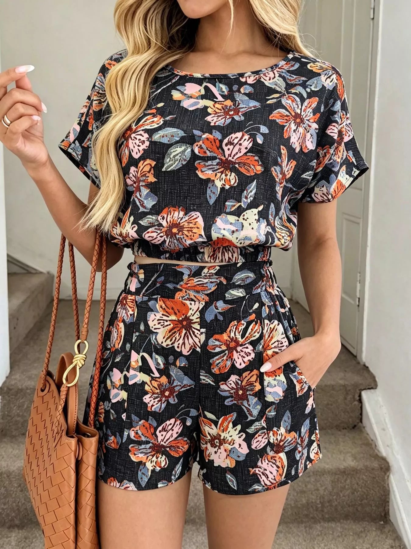 Hazel Blues® |  Floral Print Crop Top and Shorts Set
