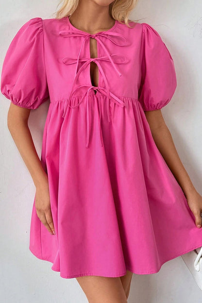 Hazel Blues® |  Puff Sleeve Tie Front High Waist Mini Dress