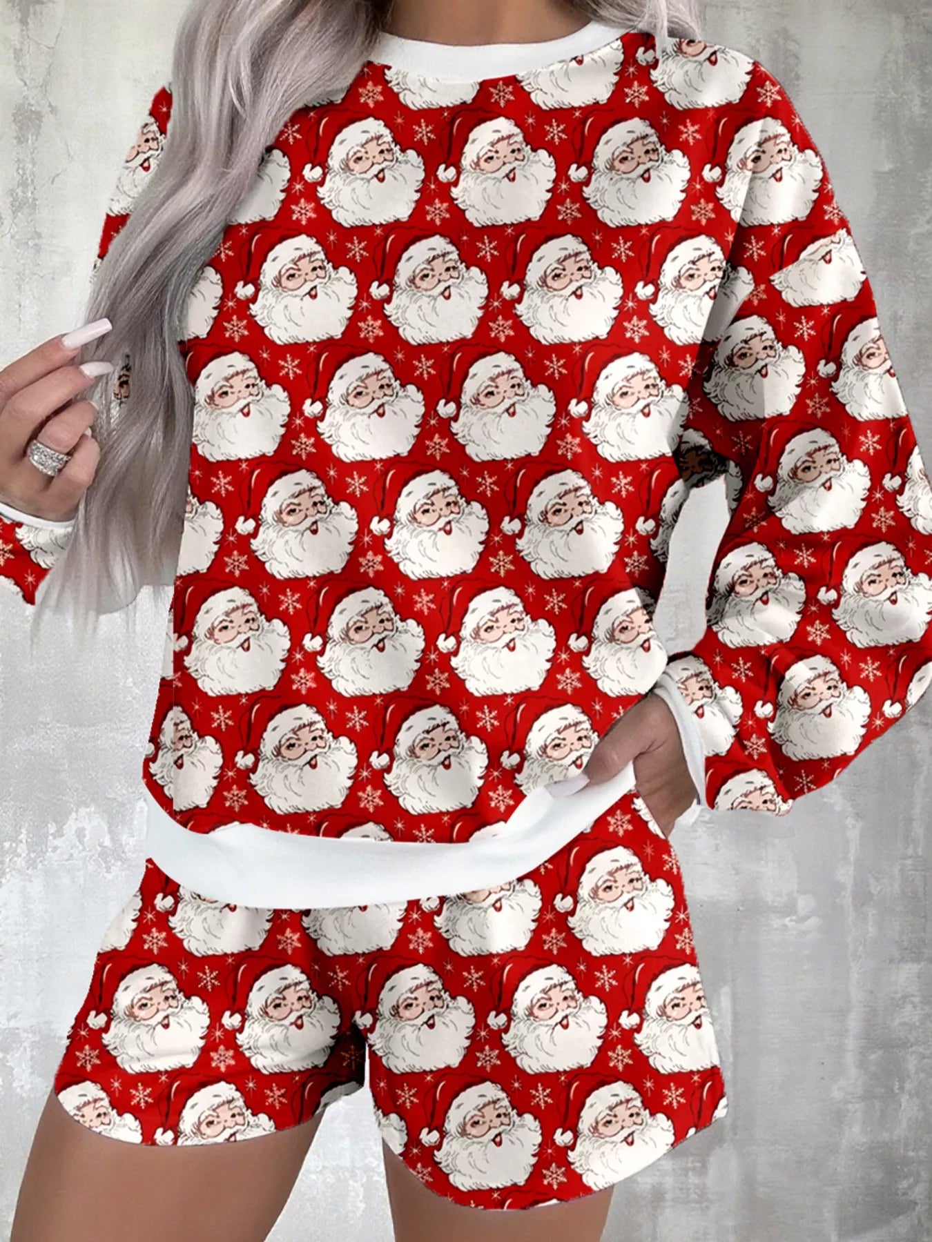 Hazel Blues® |  Christmas Santa Print Round Neck Top and Shorts Lounge Set