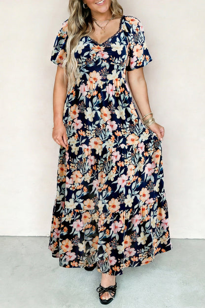 Hazel Blues® |  Blue Short Sleeve Smocked Detail High Waist Floral Maxi Dress
