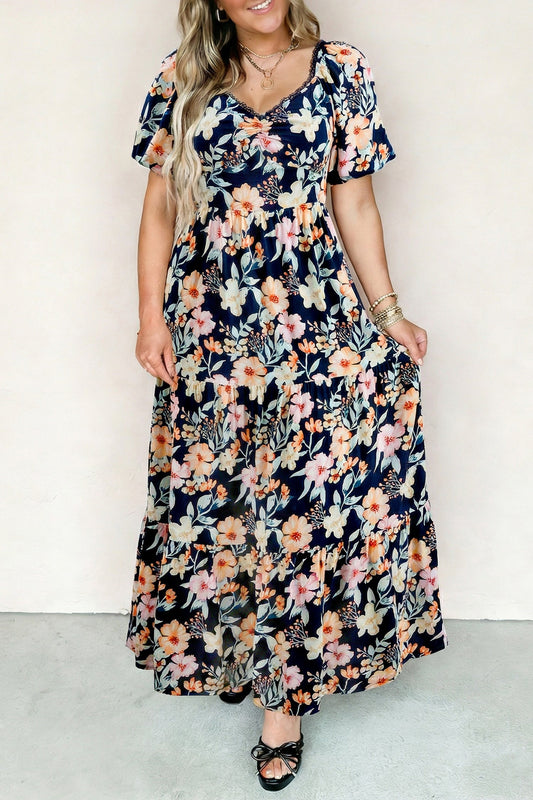 Hazel Blues® |  Blue Short Sleeve Smocked Detail High Waist Floral Maxi Dress