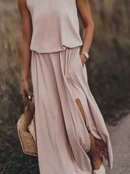 Hazel Blues® | Round Neck Sleeveless Slit Maxi Dress