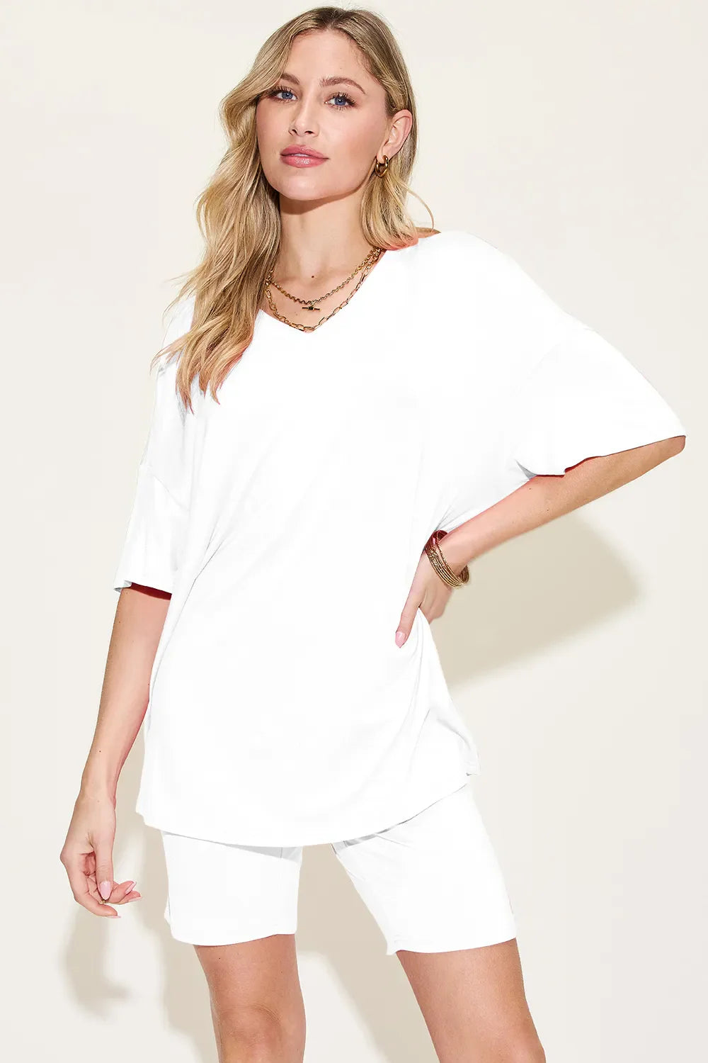 Hazel Blues® |  Basic Bae Bamboo V-Neck Drop Shoulder T-Shirt and Shorts Set