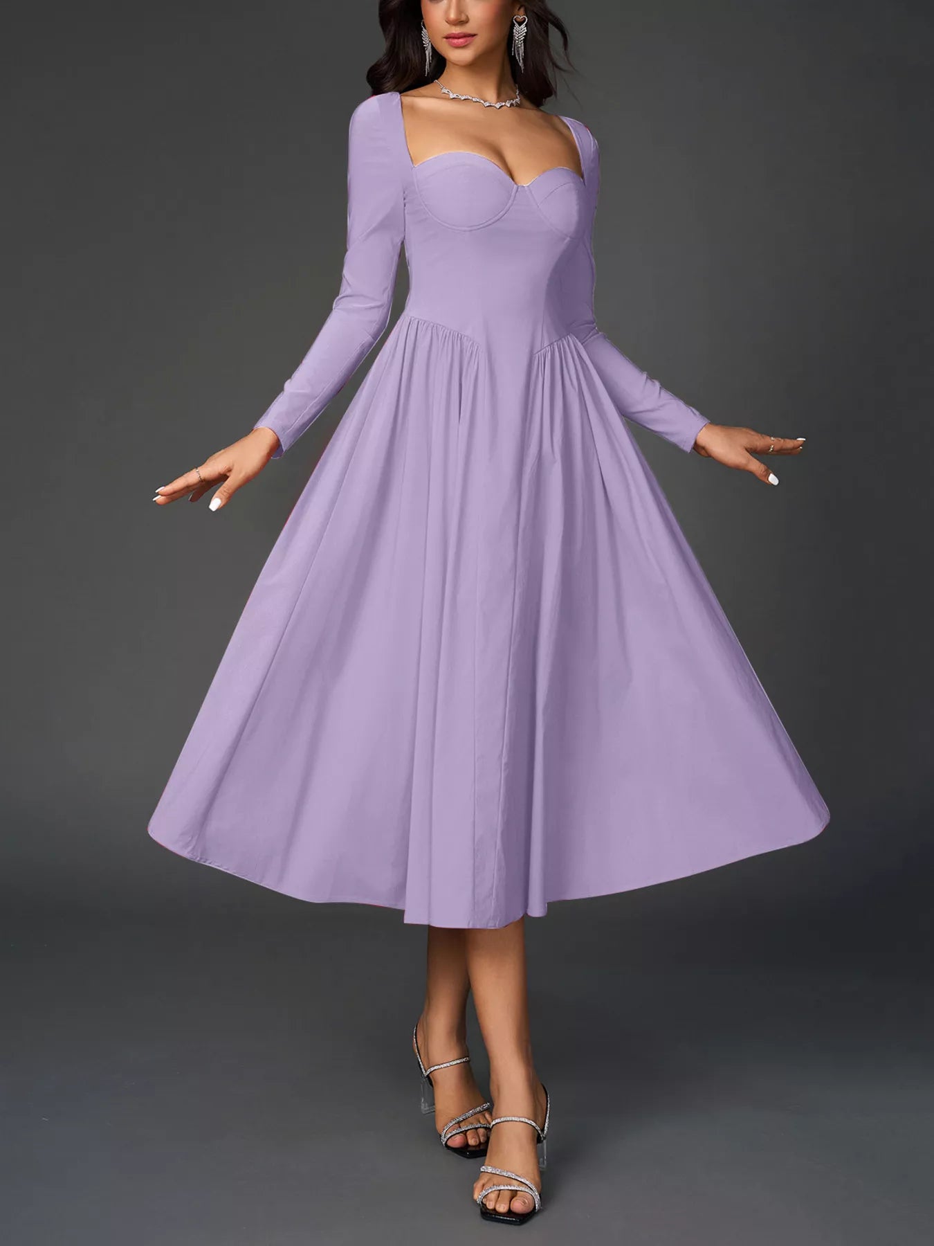 Hazel Blues® |  Sweetheart Neckline Long Sleeve A-Line Midi Dress