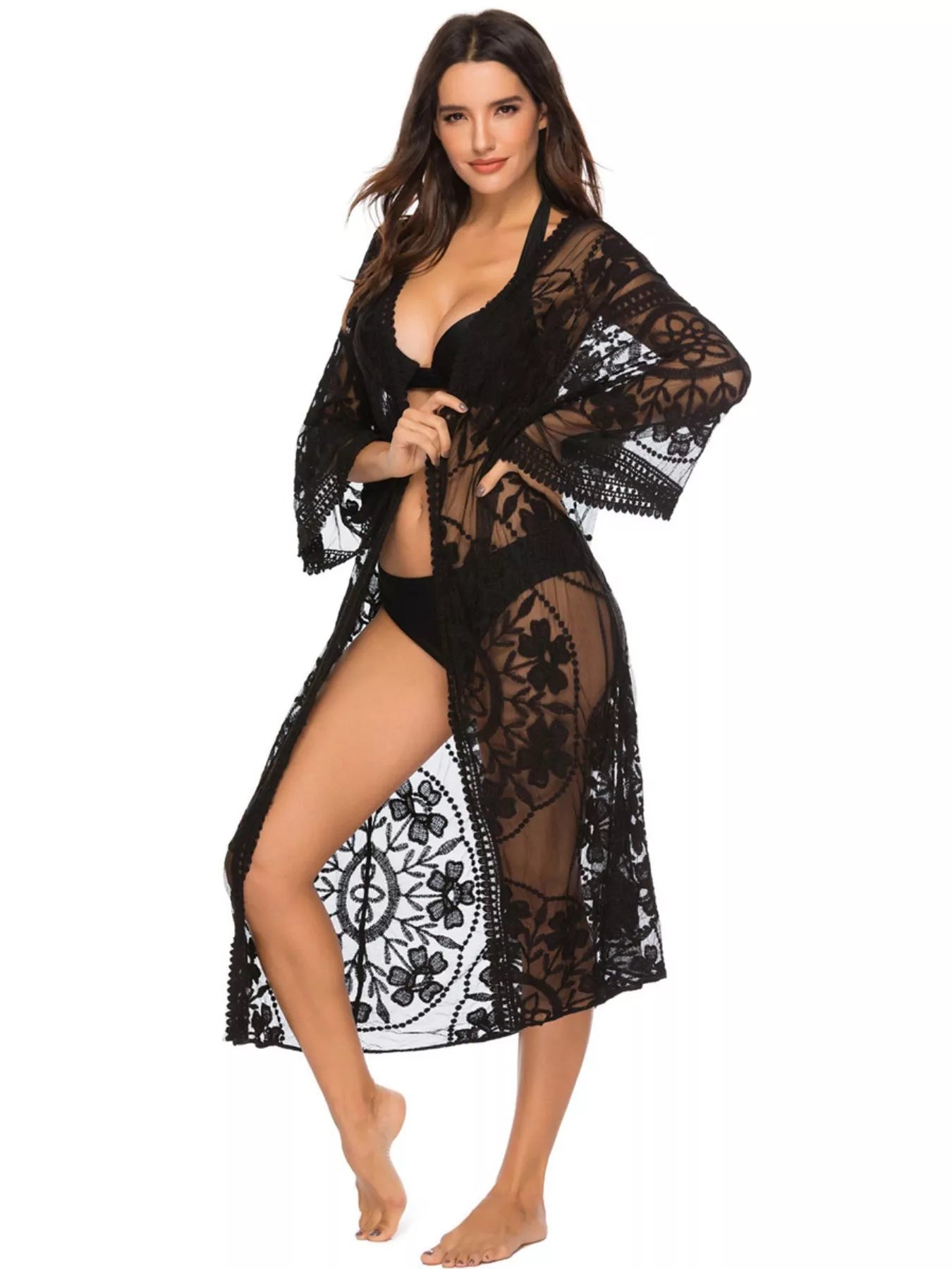 Hazel Blues® | Floral Lace Sheer Kimono Cover-Up