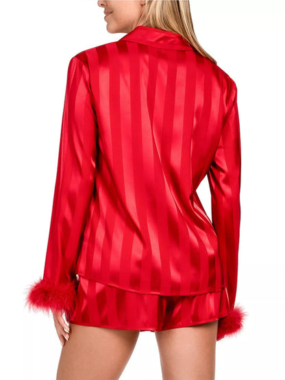 Hazel Blues® |  Striped Feather Trim Shirt and Shorts Lounge Set
