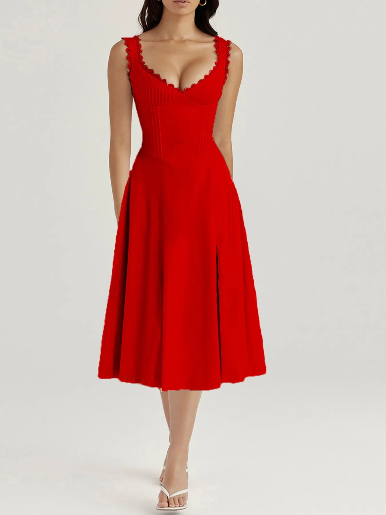 Hazel Blues® |  Scalloped V-Neck Midi Dress with Back Lace-Up
