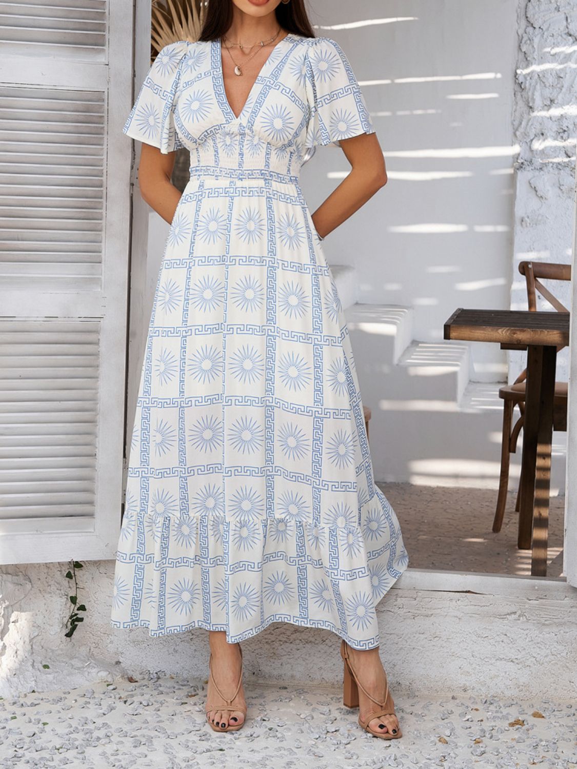 Hazel Blues® |  Devine Smocked Printed V-Neck Short Sleeve Maxi Dress