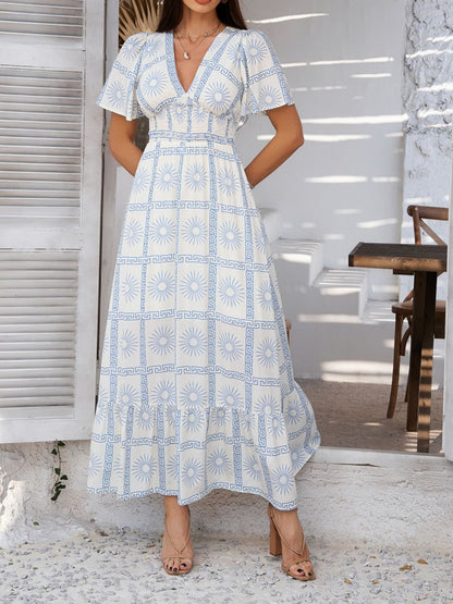 Hazel Blues® |  Devine Smocked Printed V-Neck Short Sleeve Maxi Dress