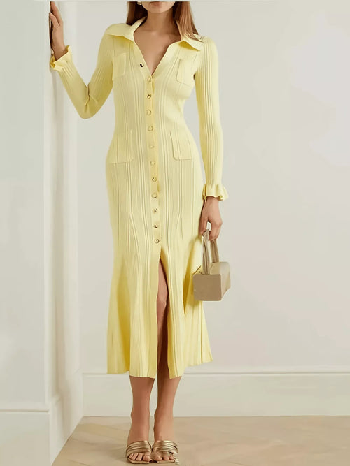 Hazel Blues® |  Button-Down Flounce Sleeve Sweater Dress