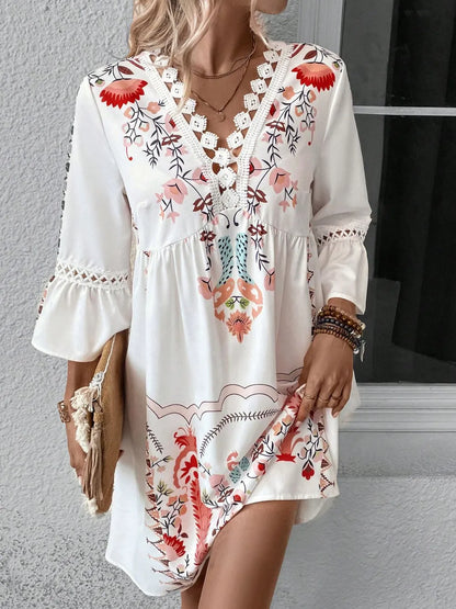 Hazel Blues® |  Lace Detail Printed Three-Quarter Sleeve Dress