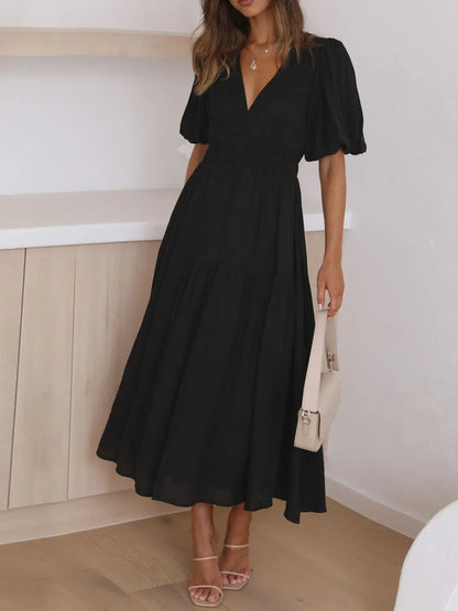 Hazel Blues® |  V-Neck Puff Sleeve Midi Dress