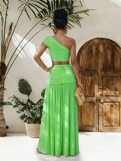 Hazel Blues® |  One-Shoulder Top and Ruched Maxi Skirt Set