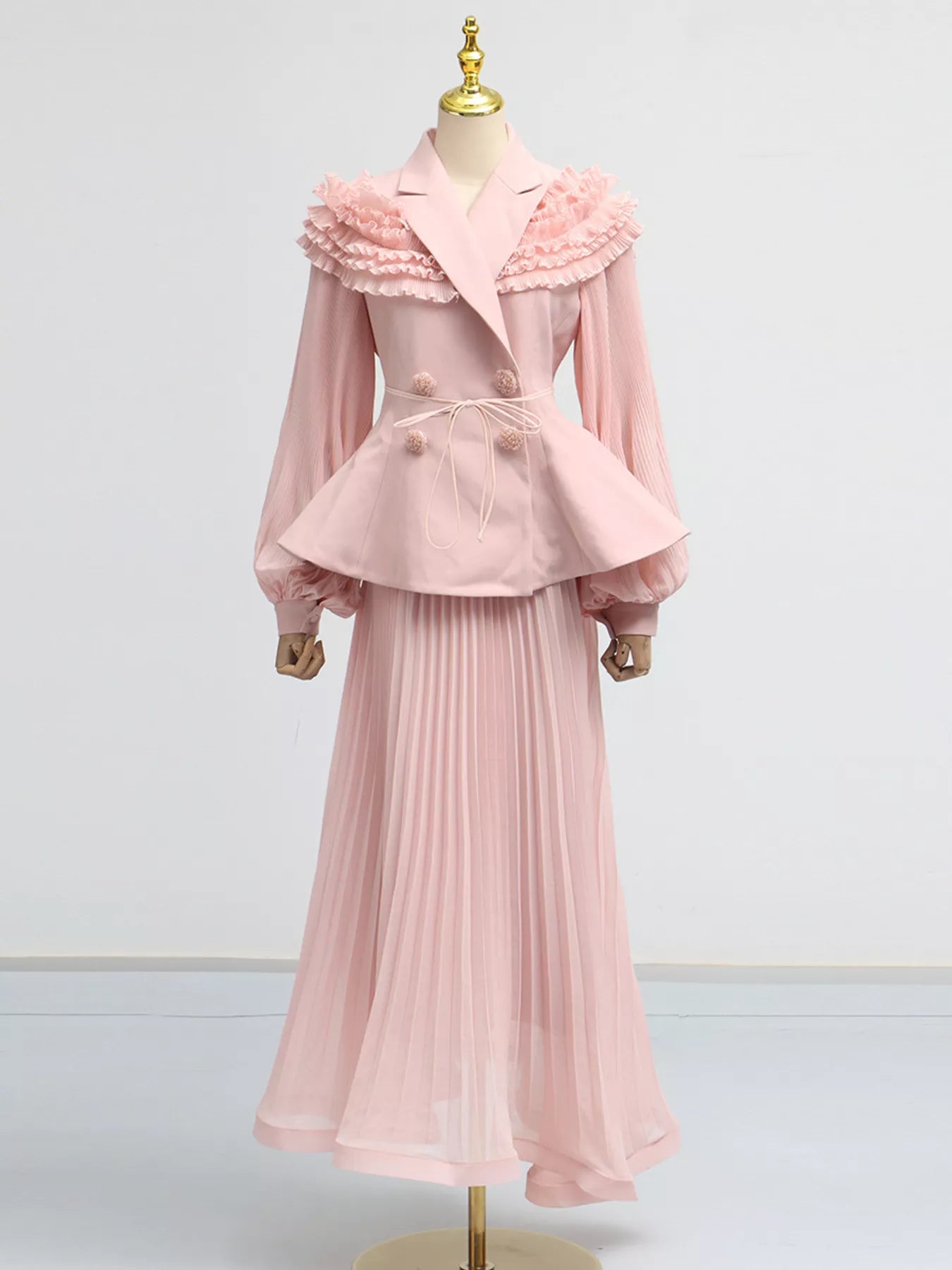 Hazel Blues® |  Frill Lapel Collar Top and Pleated Skirt Set