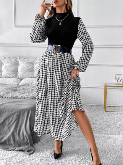 Hazel Blues® |  Houndstooth Mock Neck A-Line Dress