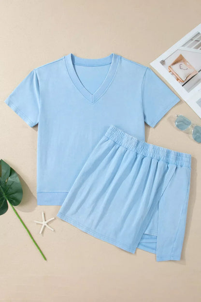 Hazel Blues® |  Casual V-Neck Short Sleeve Top and Skort Set