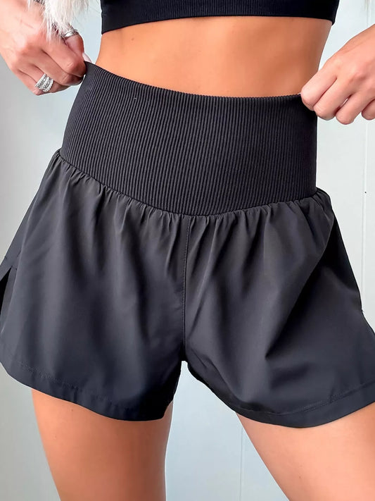 Hazel Blues® |  Solid Color Ribbed Patchwork High Waist Athletic Shorts