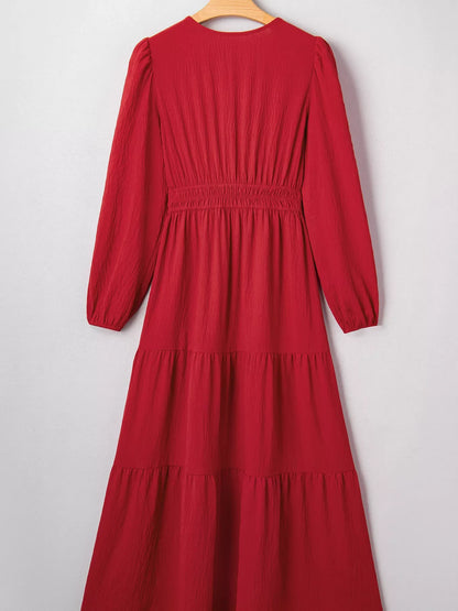 Hazel Blues® |  Contrast Embroidered Detail Cinched Waist Tiered Long Sleeve Maxi Dress