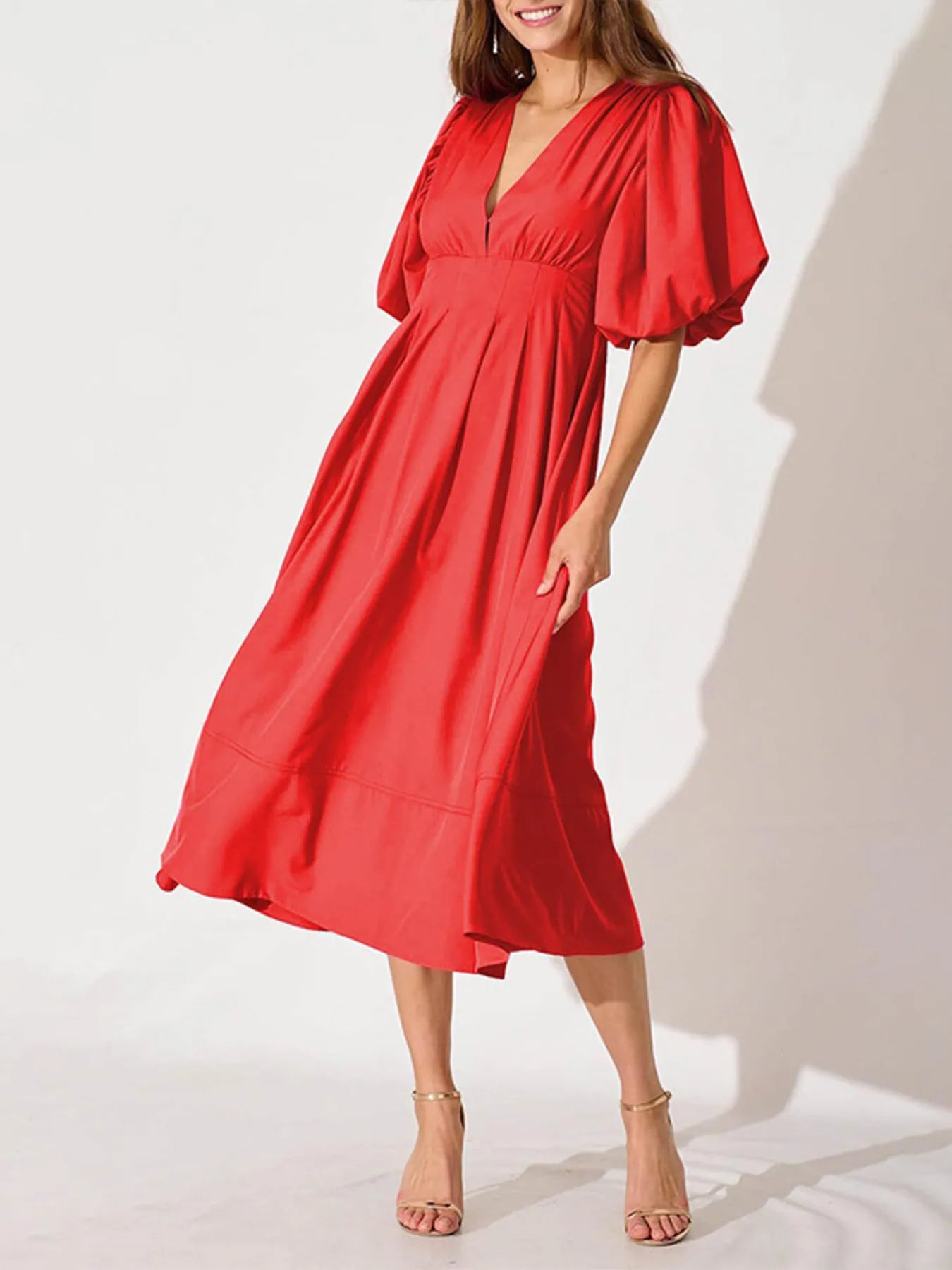 Hazel Blues® |  V-Neck Puff Sleeve Midi Dress