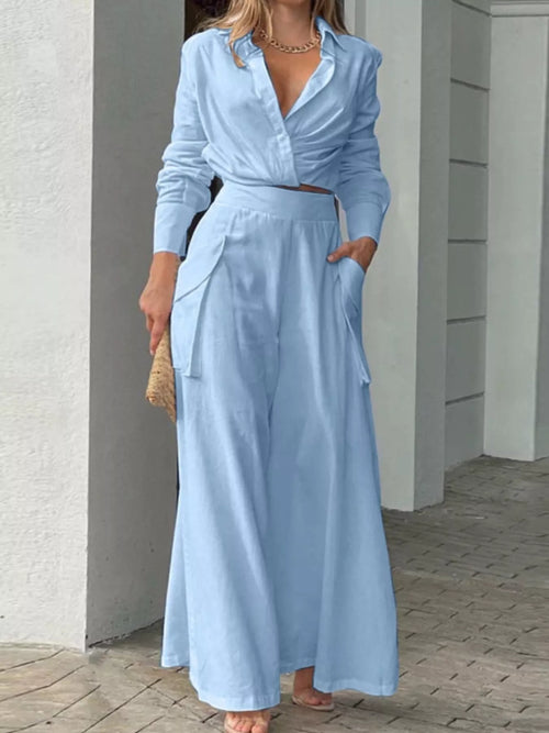 Hazel Blues® |  Long Sleeve Shirt and Wide Leg Pants Set