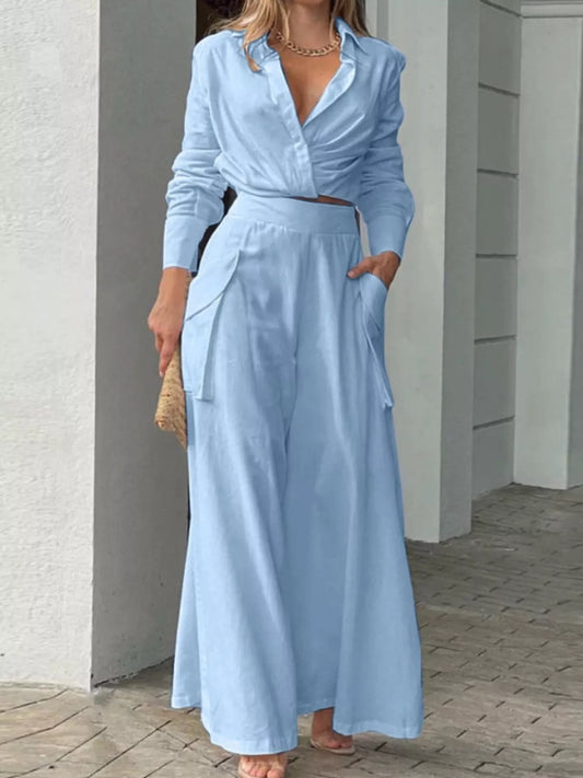 Hazel Blues® |  Long Sleeve Shirt and Wide Leg Pants Set