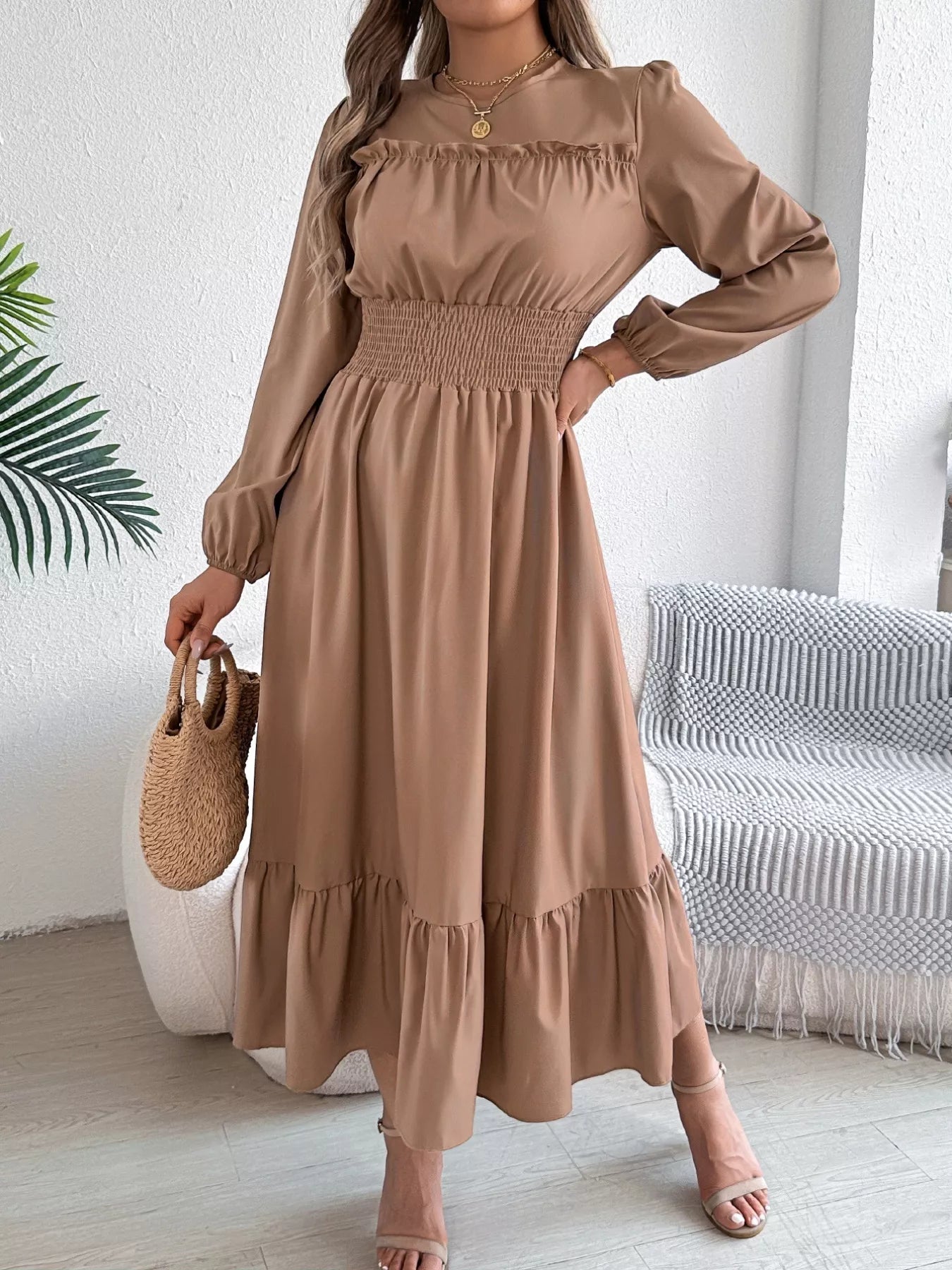 Hazel Blues® |  Round Neck Balloon Sleeve Tiered Dress