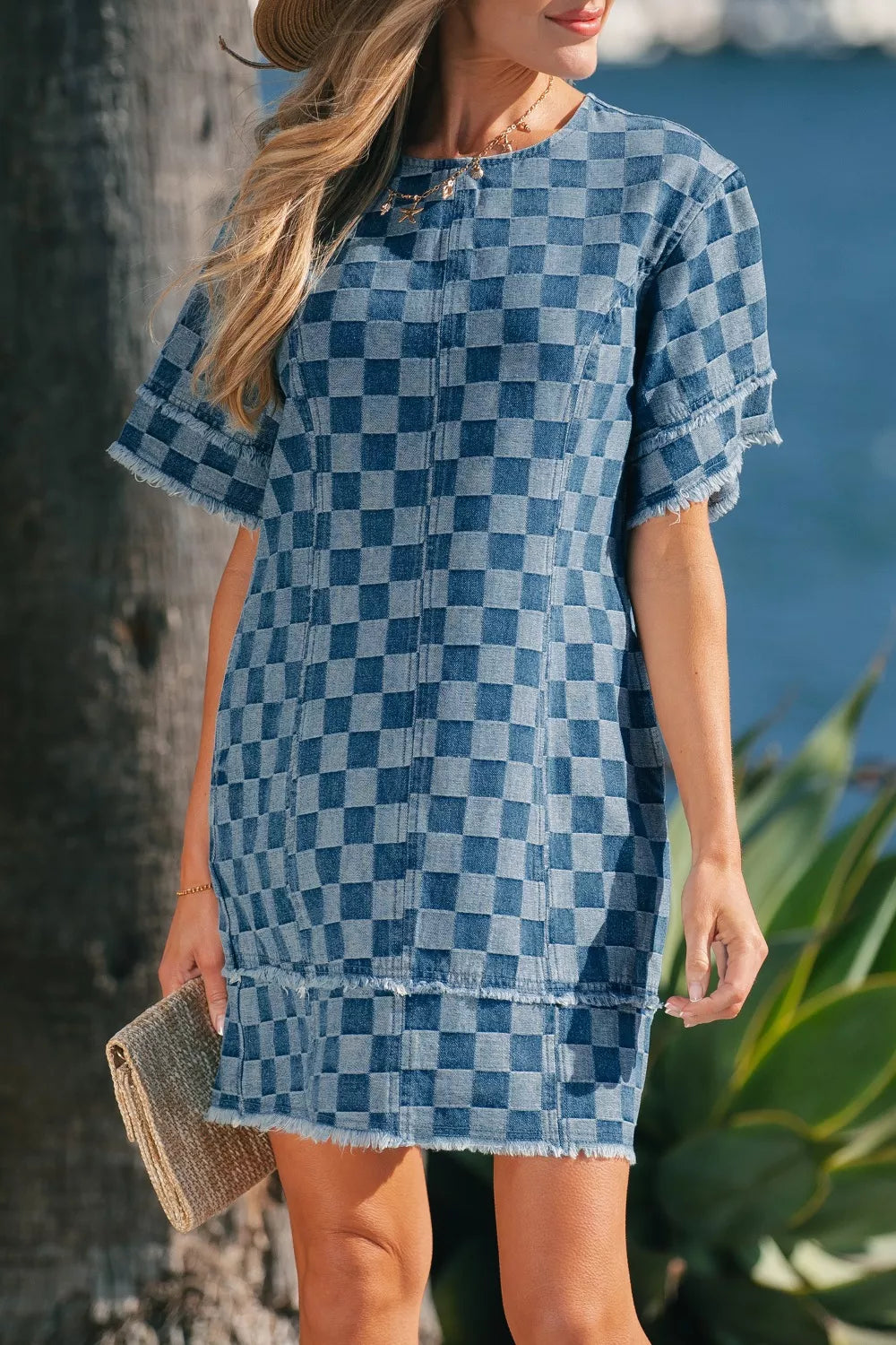 Hazel Blues® |  Frayed Hem Checkered Denim Mini Dress