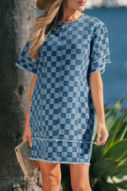Hazel Blues® |  Frayed Hem Checkered Denim Mini Dress