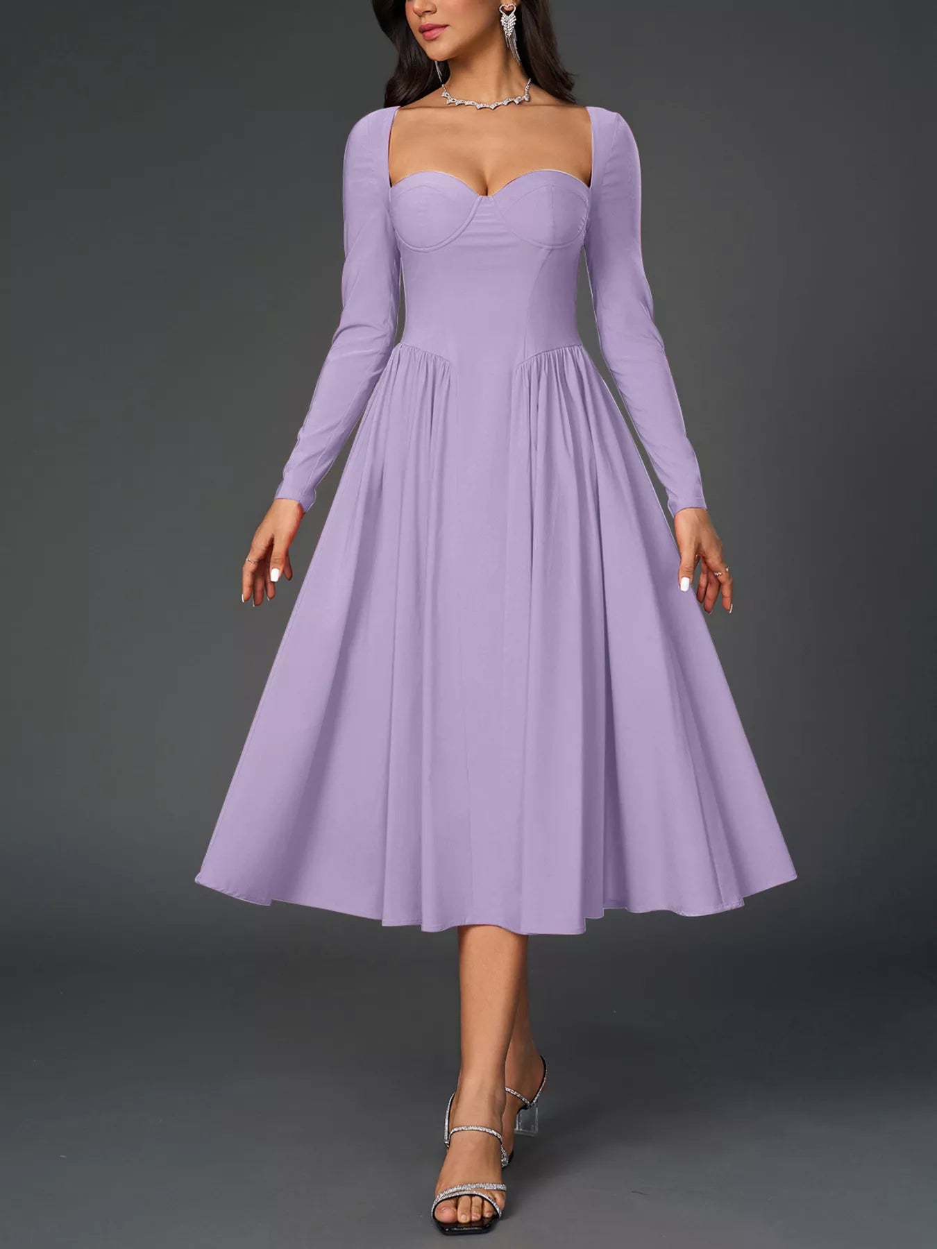 Hazel Blues® |  Sweetheart Neckline Long Sleeve A-Line Midi Dress