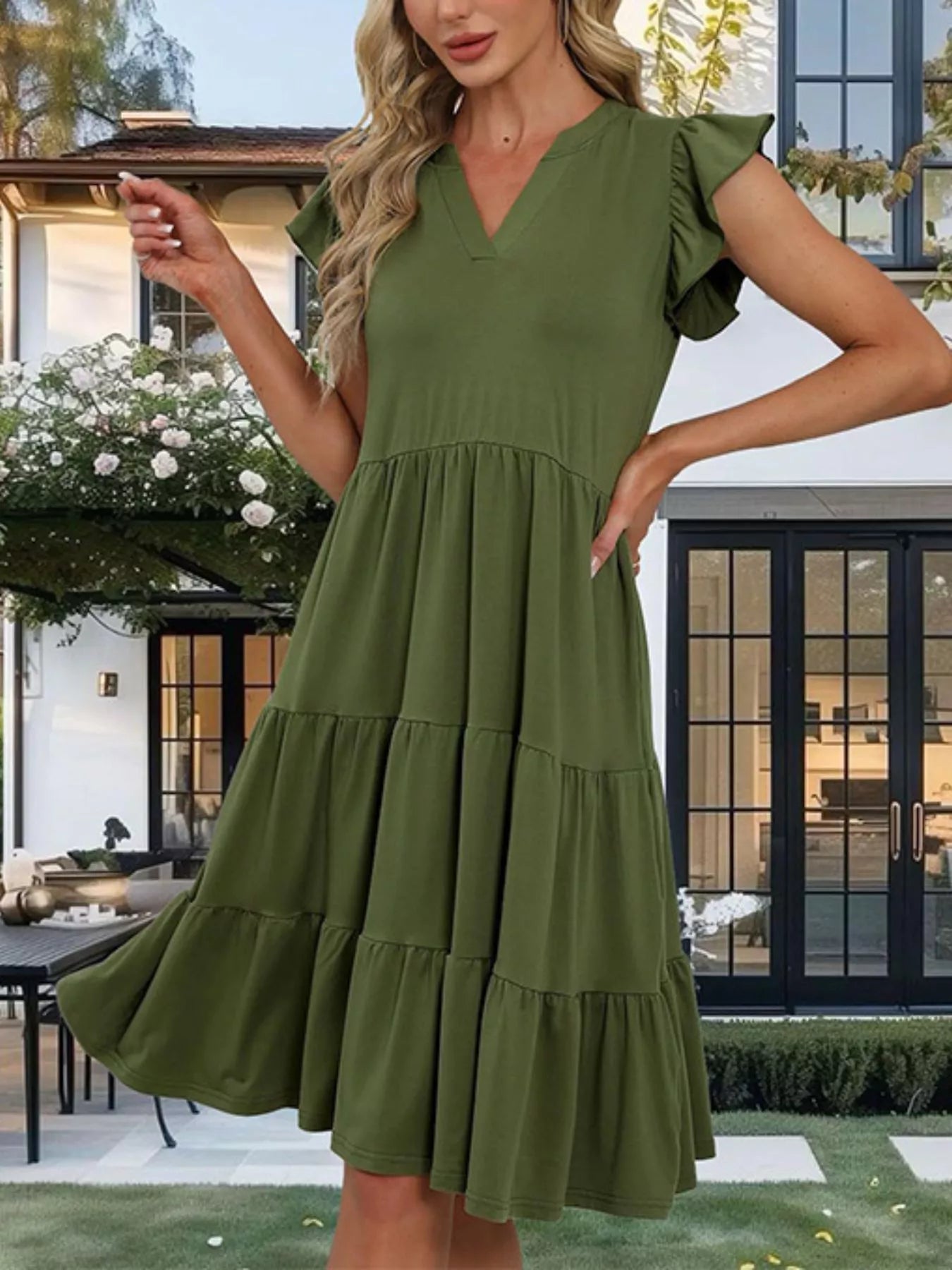 Hazel Blues® |  Ruffle Sleeve Tiered Midi Dress
