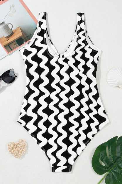Hazel Blues® | Tied Front Contrast Striped One-Piece Swimsuit