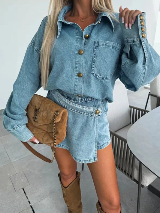 Hazel Blues® |  Button-Front Shirt and Mini Skirt Oversized Denim Set