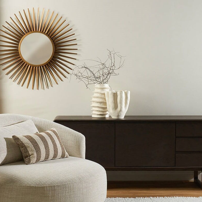 Corolle Vase - Bone, sculptural neutral vase with organic folds styled on a dark timber sideboard