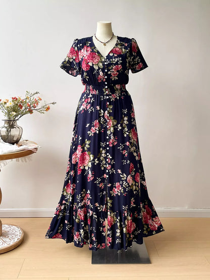 Hazel Blues® | Floral Print Short Sleeves V-Neck Dress